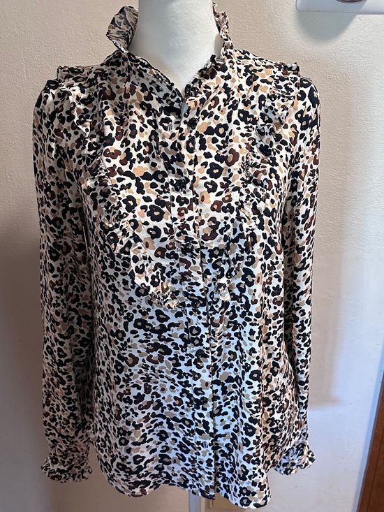 Anthropologie Tops - Maeve by Anthropologie Leopard Ruffle-Trim Button Blouse - Beige/Black/Brown